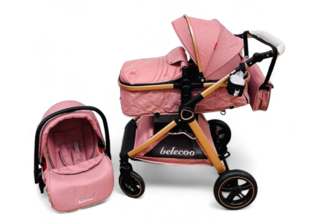 Carucior 3 in 1, Cu landou Reversibil, copertina extensibila, geanta pentru scutece, Belecoo, Cu scoica auto [1]