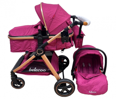 Carucior 3 in 1, Cu landou Reversibil, copertina extensibila, geanta pentru scutece, Belecoo, Cu scoica auto,  Mov Perlat [1]