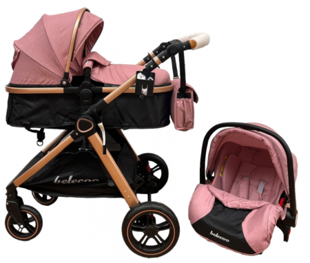 Carucior 3 in 1, Cu landou Reversibil, copertina extensibila, geanta pentru scutece, Belecoo, Cu scoica auto, Roz cu negru [1]
