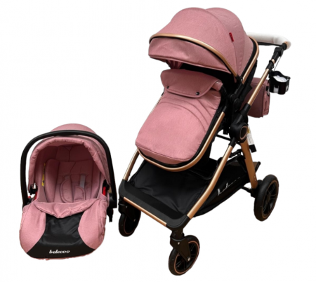 Carucior 3 in 1, Cu landou Reversibil, copertina extensibila, geanta pentru scutece, Belecoo, Cu scoica auto, Roz cu negru [3]