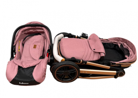 Carucior 3 in 1, Cu landou Reversibil, copertina extensibila, geanta pentru scutece, Belecoo, Cu scoica auto, Roz cu negru [4]