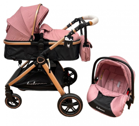 Carucior 3 in 1, Cu landou Reversibil, copertina extensibila, geanta pentru scutece, Belecoo, Cu scoica auto, Roz cu negru [7]