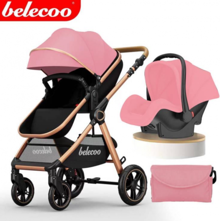 Carucior 3 in 1 - Carucior 3 in 1, Cu landou Reversibil, copertina extensibila, geanta pentru scutece, Belecoo, Cu scoica auto, Roz cu negru