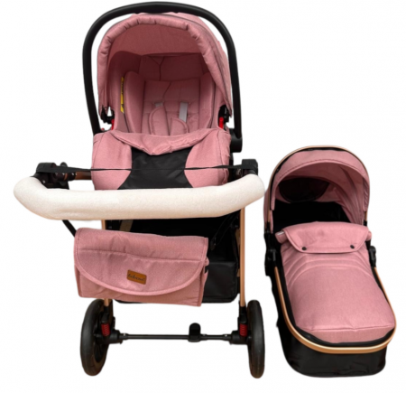 Carucior 3 in 1, Cu landou Reversibil, copertina extensibila, geanta pentru scutece, Belecoo, Cu scoica auto, Roz cu negru [2]