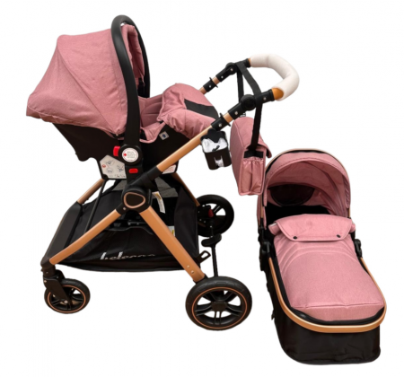Carucior 3 in 1, Cu landou Reversibil, copertina extensibila, geanta pentru scutece, Belecoo, Cu scoica auto, Roz cu negru [5]