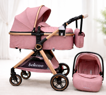 Carucior 3 in 1 - Carucior 3 in 1, Cu landou Reversibil, copertina extensibila, geanta pentru scutece, Belecoo, Cu scoica auto, Roz Pudra