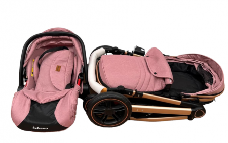 Carucior 3 in 1, Cu landou Reversibil, copertina extensibila, geanta pentru scutece, Belecoo, Cu scoica auto, Roz Pudra [3]