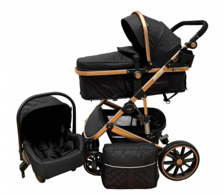 Carucior 3 in 1 - Carucior, 3 in 1, cu suspensii duble si landou reversibil, element sustine dublu, negru