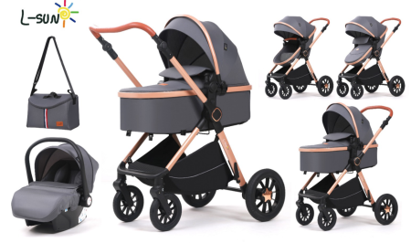 Carucior 3 in 1 - Carucior, 3 in 1, cu suspensii duble si landou reversibil, Element sustinere dublu, 0 luni - 3 ani, Original  L-Sun