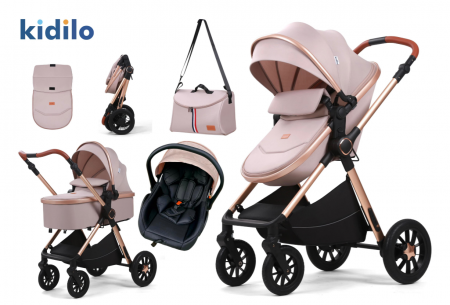 Carucior 3 in 1 - Carucior, 3 in 1, cu suspensii duble si landou reversibil, element sustinere dublu, Original Kidilo, Bej