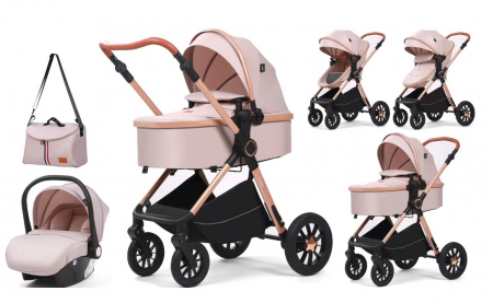 Carucior 3 in 1 - Carucior, 3 in 1, cu suspensii duble si landou reversibil, element sustinere dublu, Maner reversibil, Bej