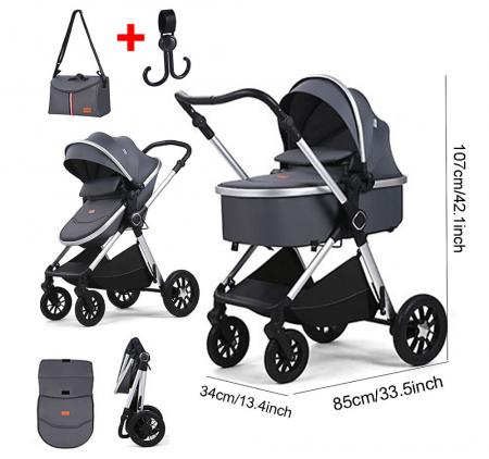 Carucior, 3 in 1, cu suspensii duble si landou reversibil, Element sustinere dublu, Maner reversibil, Kidilo, Gri [9]