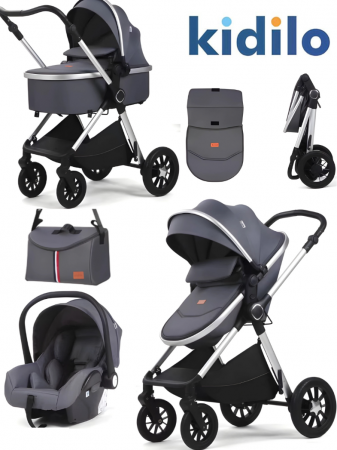 Carucior 3 in 1 - Carucior, 3 in 1, cu suspensii duble si landou reversibil, Element sustinere dublu, Maner reversibil, Kidilo, Gri