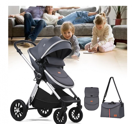Carucior, 3 in 1, cu suspensii duble si landou reversibil, Element sustinere dublu, Maner reversibil, Kidilo, Gri [11]
