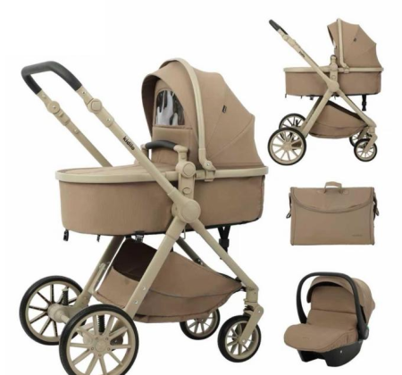 Pentru bebe - Carucior, 3 in 1, cu suspensii duble si landou reversibil, Element sustinere dublu, Maner reversibil, Kidilo