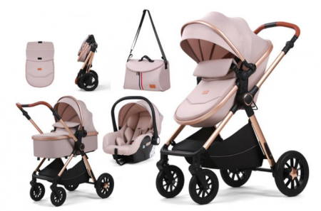 Carucior 3 in 1 - Carucior, 3 in 1, cu suspensii duble si landou reversibil, Element sustinere dublu, Maner reversibil, L-Sun, Bej