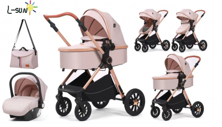 Carucior, 3 in 1, cu suspensii duble si landou reversibil, Element sustinere dublu, Maner reversibil, L-Sun, Bej [1]