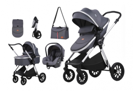 Carucior, 3 in 1, cu suspensii duble si landou reversibil, Element sustinere dublu, Maner reversibil, Kidilo, Gri [1]