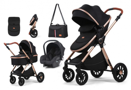 Carucior 3 in 1 - Carucior, 3 in 1, cu suspensii duble si landou reversibil, Element sustinere dublu, L-Sun, T5, Negru