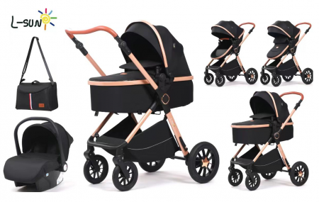 Carucior, 3 in 1, cu suspensii duble si landou reversibil, Element sustinere dublu, L-Sun, T5, Negru [1]
