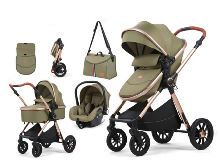 Carucior 3 in 1 - Carucior, 3 in 1, cu suspensii duble si landou reversibil, Element sustinere dublu, L-Sun, T5, Verde