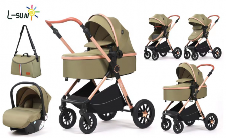 Carucior, 3 in 1, cu suspensii duble si landou reversibil, Element sustinere dublu, L-Sun, T5, Verde [1]