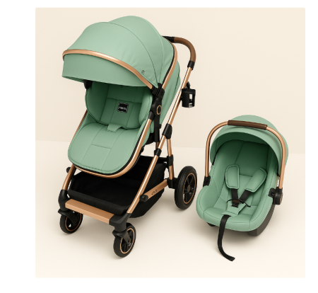 Carucior 3 in 1, cu suspensii, Geanta termica pentru accesorii si salteluta, Landou reversibil, Cadru aluminiu usor, Verde [5]