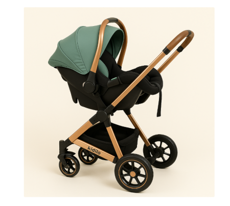 Carucior 3 in 1, cu suspensii, Geanta termica pentru accesorii si salteluta, Landou reversibil, Cadru aluminiu usor, Verde [2]