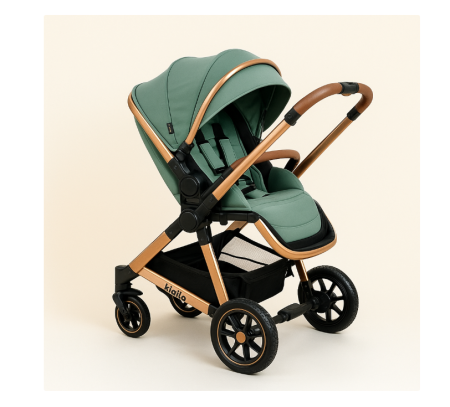 Carucior 3 in 1, cu suspensii, Geanta termica pentru accesorii si salteluta, Landou reversibil, Cadru aluminiu usor, Verde [3]