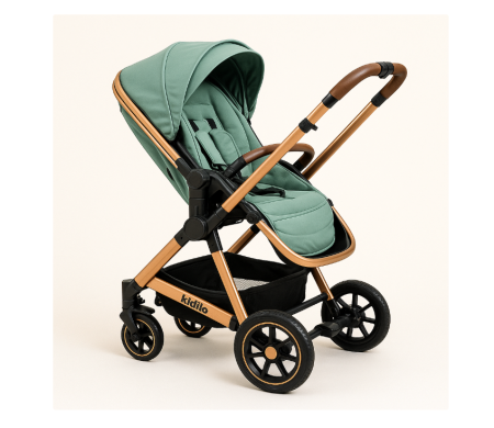 Carucior 3 in 1, cu suspensii, Geanta termica pentru accesorii si salteluta, Landou reversibil, Cadru aluminiu usor, Verde [4]