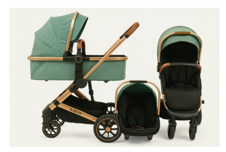 Carucior 3 in 1 - Carucior 3 in 1, cu suspensii, Geanta termica pentru accesorii si salteluta, Landou reversibil, Cadru aluminiu usor, Verde