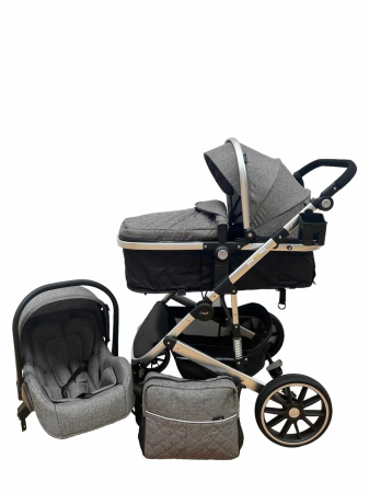 Carucior 3 in 1 - Carucior 3 in 1, dubla suspensie, matlasat, Bubu-Still Sun, 0-36 luni, gri