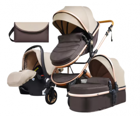 Carucior 3 in 1 - Carucior 3 in 1, Geanta de scutece, Suspensie dinamica pe roata, Parasolar extensibil, Bubu-Still, bej