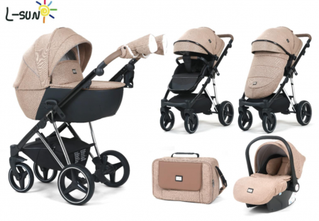 Carucior 3 in 1, 0-36 luni, Colectia Fizio-Lux G9, Piese distincte, Cu Suspensii, Landou reversibil, Husa de ploaie si insecte, Geanta de scutece, Manusi de protectie, Bej [6]