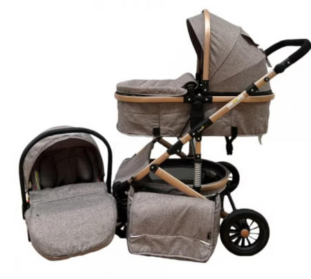 Carucior 3 in 1 - Carucior, 3 in 1, Geanta de scutece, Suspensie dinamica pe roata si cadru, Bej cafea cu lapte