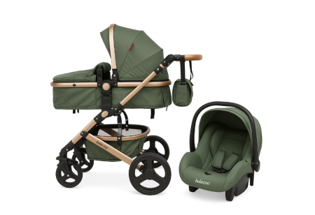 Carucior 3 in 1, Geanta de scutece, Suspensie dinamica pe roata si cadru, Belecoo, verde army [4]