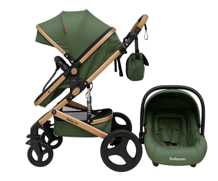 Carucior 3 in 1 - Carucior 3 in 1, Geanta de scutece, Suspensie dinamica pe roata si cadru, Belecoo, verde army