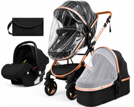 Carucior 3 in 1 - Carucior 3 in 1, Geanta de scutece, Suspensie dinamica pe roata si cadru,  Bubu-Still , negru