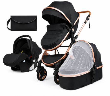 Carucior 3 in 1 - Carucior 3 in 1, Geanta de scutece, Suspensie dinamica pe roata si cadru,  Bubu-Still , negru