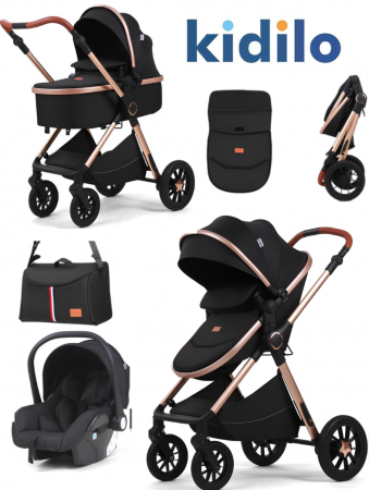 Carucior 3 in 1 - Carucior, 3 in 1, Geanta de scutece, Suspensie interioara, Original Kidilo, Roata din cauciuc siliconat