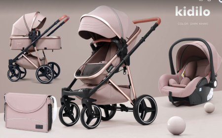 Carucior 3 in 1 - Carucior, 3 in 1, Geanta de scutece, Suspensie interioara, Kidilo, Roata din cauciuc siliconat, bej