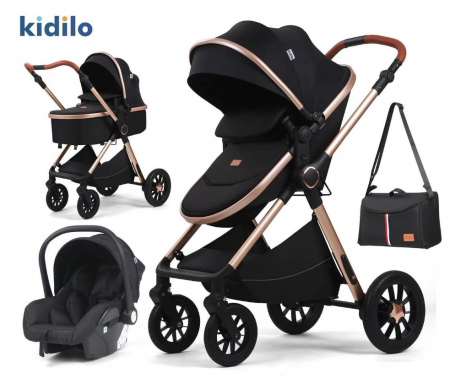Carucior, 3 in 1, Geanta de scutece, Suspensie interioara, Original Kidilo, Roata din cauciuc siliconat, negru [4]
