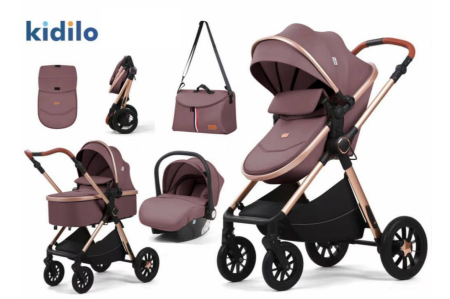 Carucioare - Carucior, 3 in 1, Geanta de scutece, Suspensie interioara, Original Kidilo, Roata din cauciuc siliconat, mov-liliac