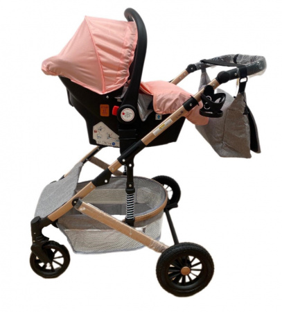 Carucior 3 in 1, Geanta de scutece, Suspensie pe roata, Bubu-Still, Gri - Roz [12]