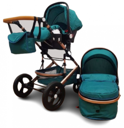 Carucior 3 in 1, Geanta de scutece, Suspensie pe roata, Bubu-Still Sun albastru turcoise [4]