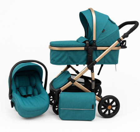 Carucior 3 in 1 - Carucior 3 in 1, Geanta de scutece, Suspensie pe roata, Bubu-Still Sun-Turcoise