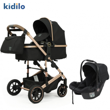 Carucior 3 in 1 - Carucior 3 in 1, Kidilo, cu suspensii, Geanta termica pentru accesorii si salteluta, Negru, Landou reversibil, Cadru aluminiu, A10