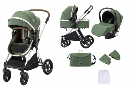 Carucior 3 in 1 - Carucior 3 in 1, Geanta de scutece, Suspensie pe roata, Kidilo, Maner reversibil, Manusi de iarna, Cadru aluminiu, H2XC