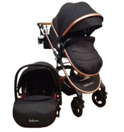 Carucior 3 in 1, Geanta de scutece, Suspensie pe roata si cadru, Belecoo, Negru [1]
