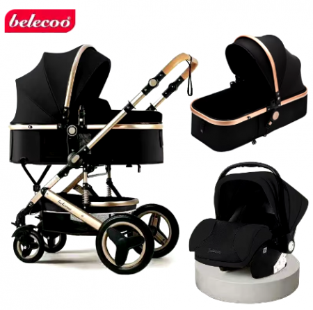Carucior 3 in 1 - Carucior 3 in 1, Geanta de scutece, Suspensie pe roata si cadru, Belecoo, Negru
